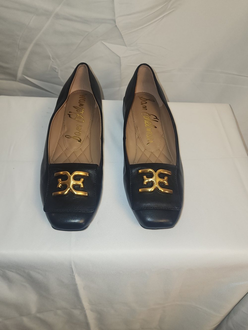 Sam Edelman Black Leather Loafers with Gold Emblem